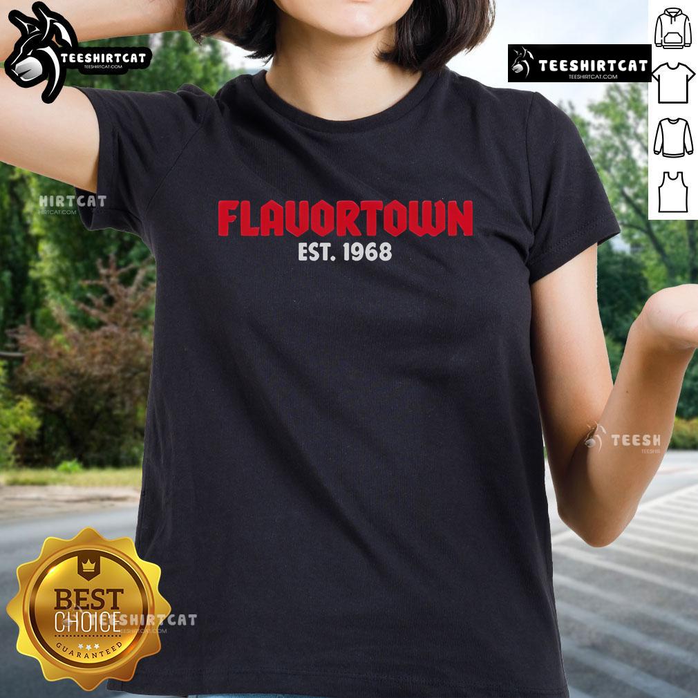 Official Guy Fieri Flavortown Est 1968 Ladies Tee featuring vibrant graphics and a stylish fit for fans of culinary adventures.