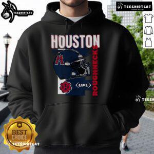 Official Houston Roughnecks helmet frame hoodie showcasing team logo and vibrant colors for fans.