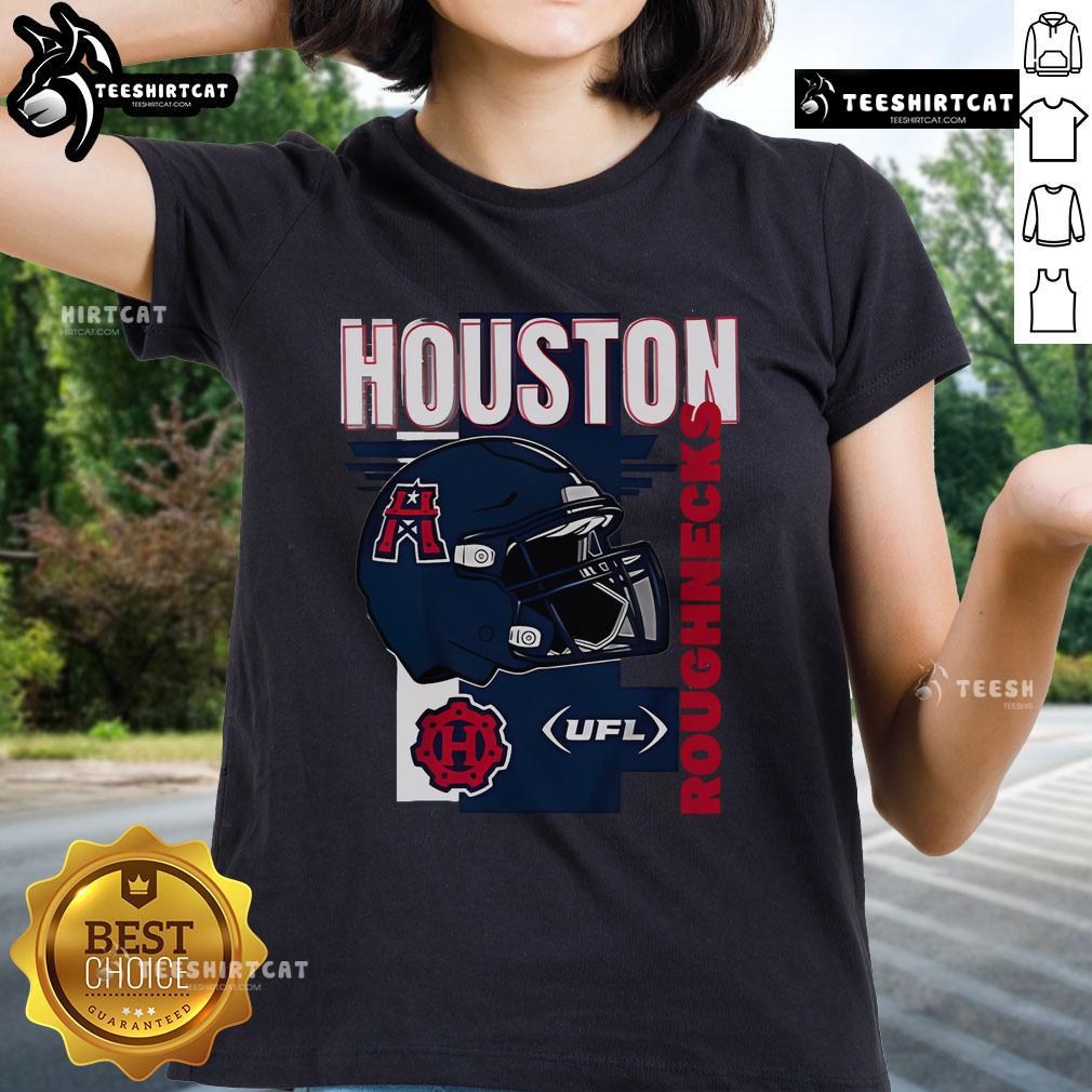 Alt Text: Official Houston Roughnecks helmet framed on a stylish ladies tee, showcasing team spirit and fashion.