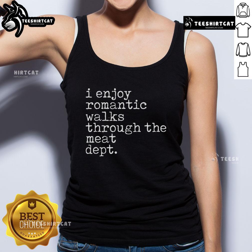 Official BBQ Lover tank top featuring 'I Enjoy Romantic Walks Through The Meat Dept' for meat enthusiasts.