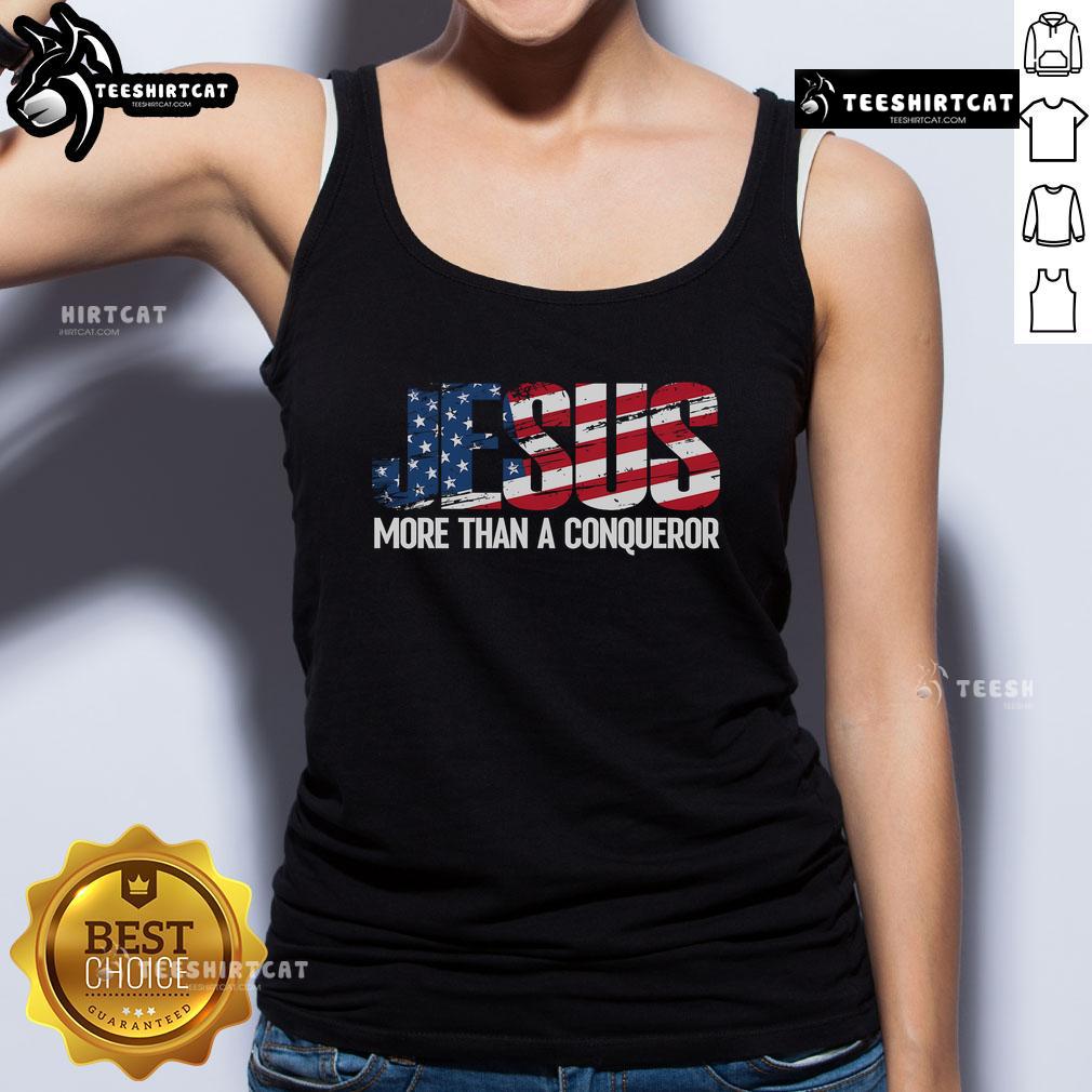 Official Jesus More Than A Conqueror America Flag Tank Top with vibrant flag design, perfect for patriotic events.