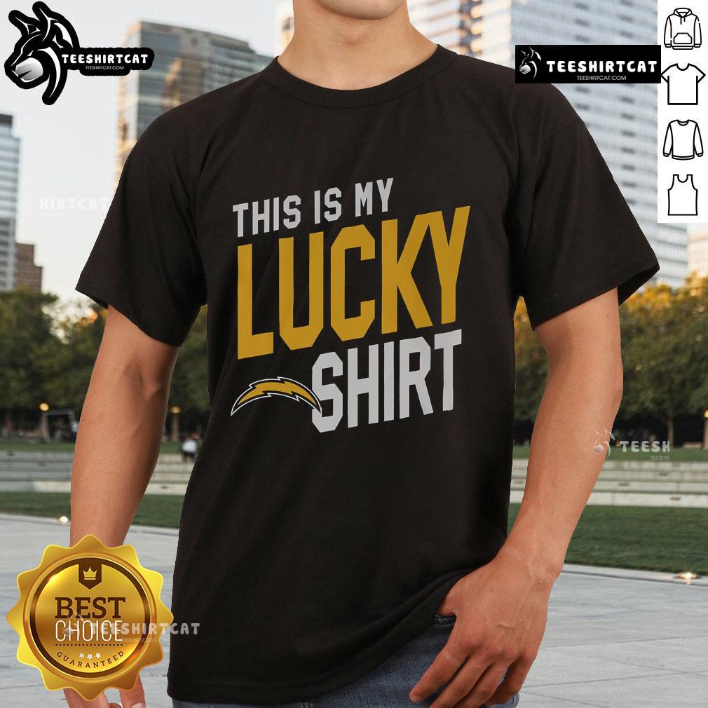 Alt Text: Official Los Angeles Chargers This Is My Lucky T-Shirt featuring team colors and logo, perfect for game day.