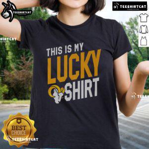 Alt Text: Official Los Angeles Rams This Is My Lucky Ladies Tee in vibrant team colors, perfect for game day style.