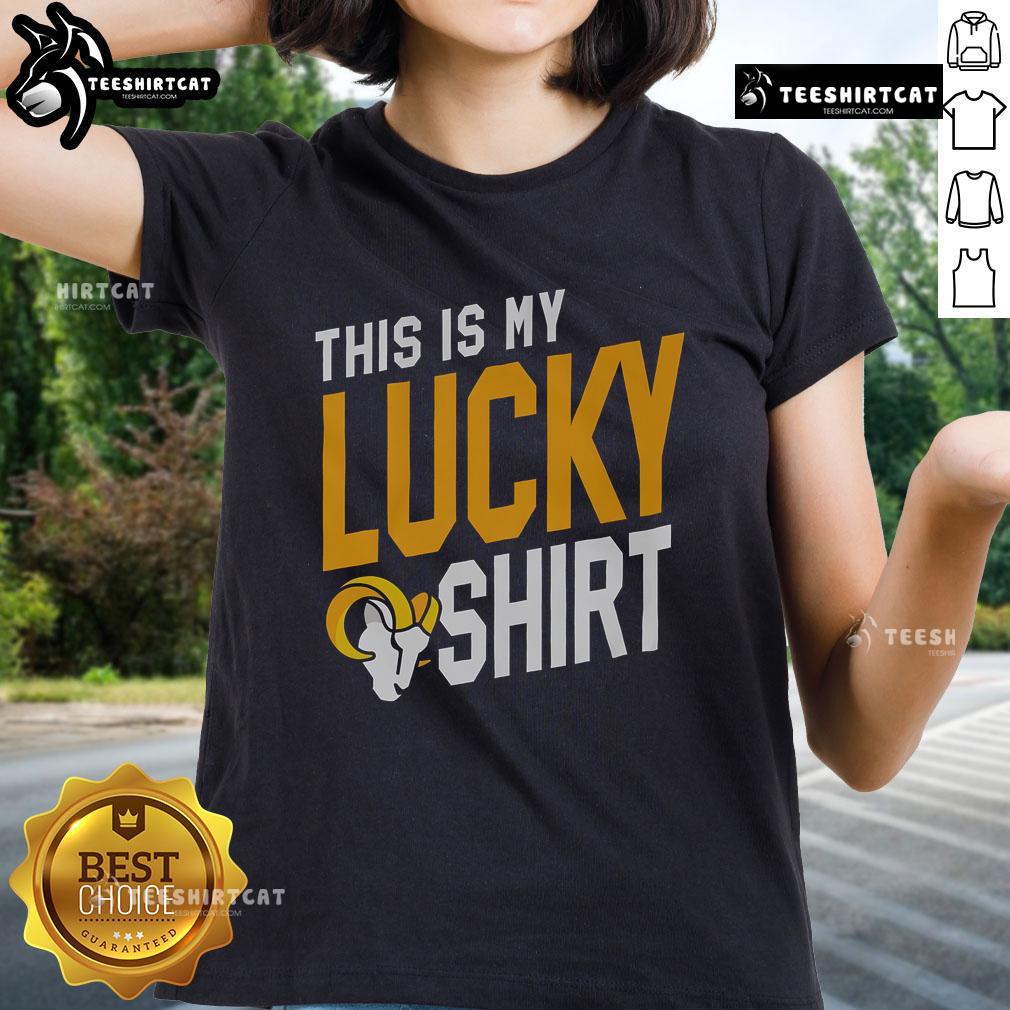 Alt Text: Official Los Angeles Rams This Is My Lucky Ladies Tee in vibrant team colors, perfect for game day style.