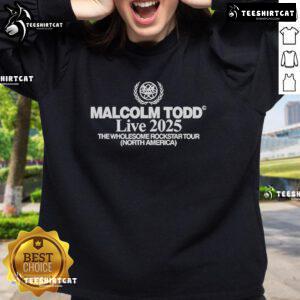 Official Malcolm Todd Live 2025 sweatshirt for The Wholesome Rockstar Tour in North America, featuring vibrant design.