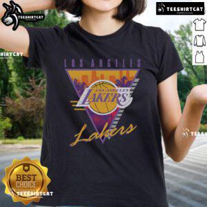 Alt Text: Official Mitchell & Ness Black Los Angeles Lakers Worldwide Collection Tri-Logo Ladies Tee showcasing stylish sportswear.