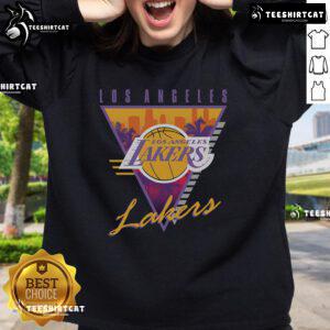 Official Mitchell & Ness Black Los Angeles Lakers Tri-Logo Sweatshirt from the Worldwide Collection for fans.