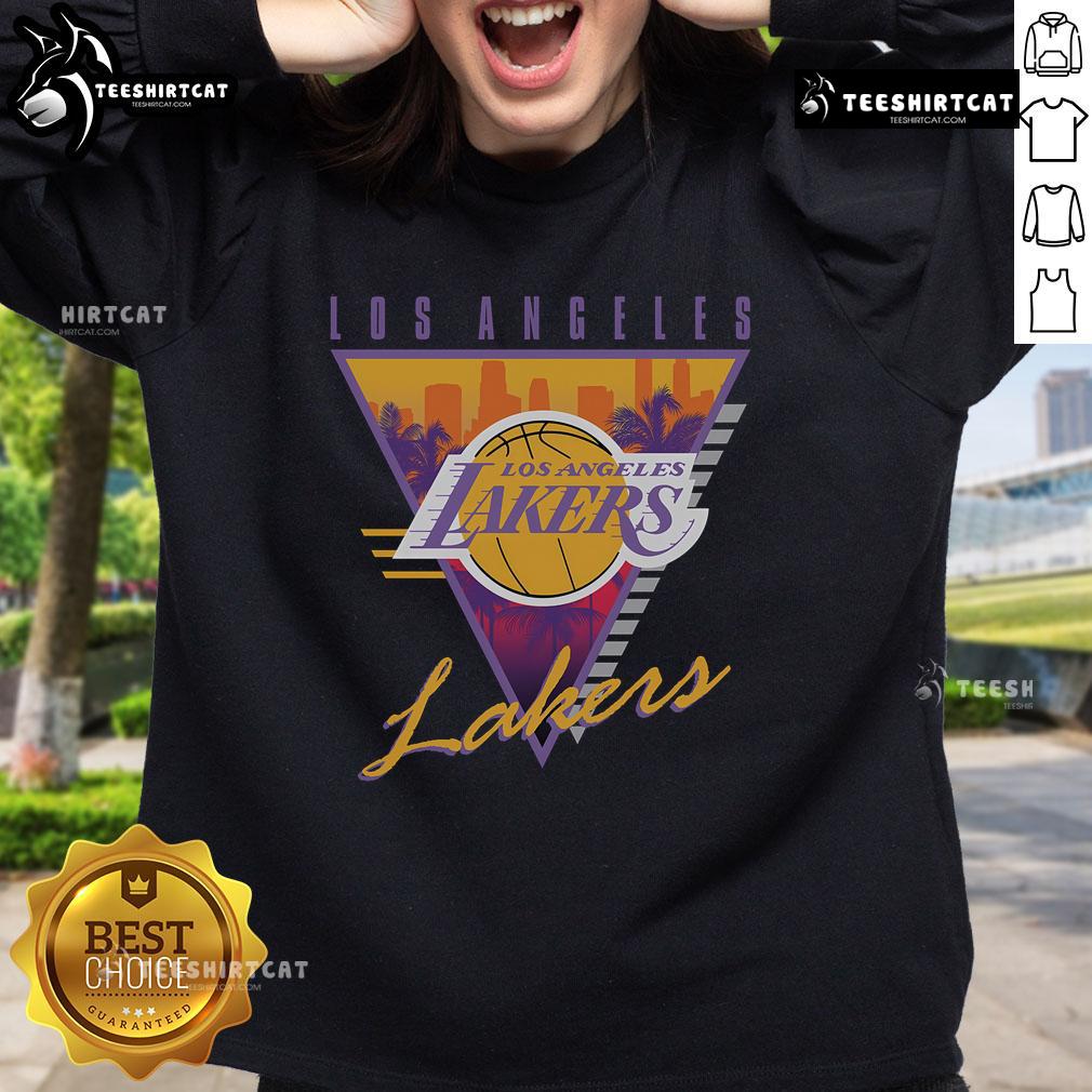 Official Mitchell & Ness Black Los Angeles Lakers Tri-Logo Sweatshirt from the Worldwide Collection for fans.
