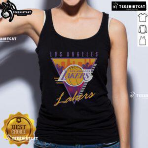 Alt Text: Official Mitchell & Ness black Los Angeles Lakers Worldwide Collection tri-logo tank top featuring vibrant team colors.