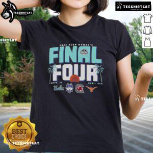 Alt Text: Official NCAA Women's Final Four Tampa Florida 2025 ladies tee featuring team logos and vibrant colors.