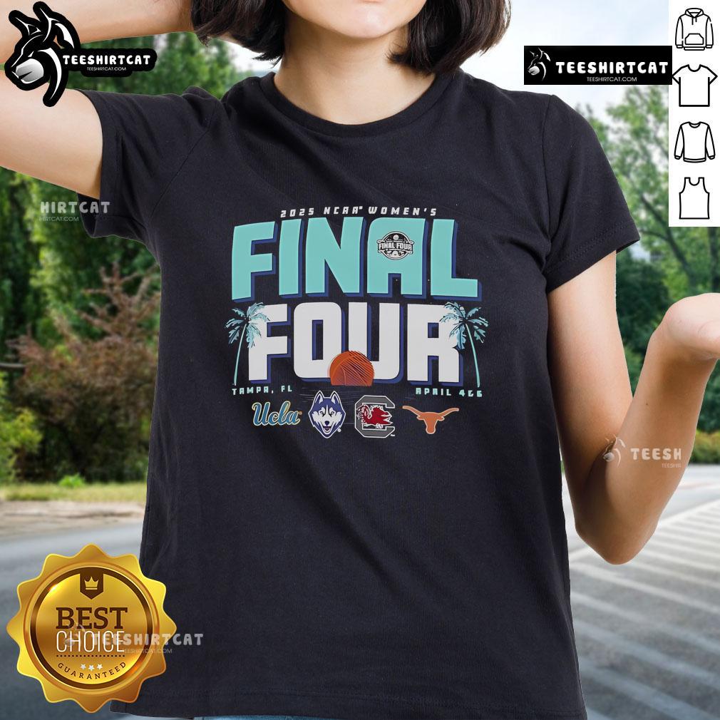 Alt Text: Official NCAA Women's Final Four Tampa Florida 2025 ladies tee featuring team logos and vibrant colors.