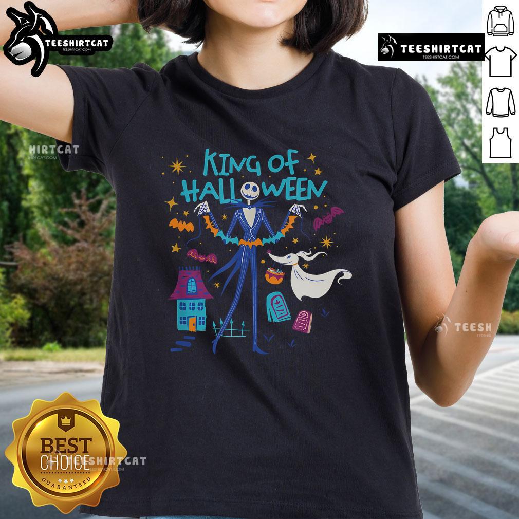 Official Nightmare Before Christmas King of Halloween Jack and Zero Black Halloween Ladies Tee for festive style.