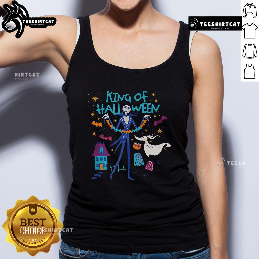 Alt Text: Black Halloween tank top featuring Jack Skellington and Zero from The Nightmare Before Christmas design.