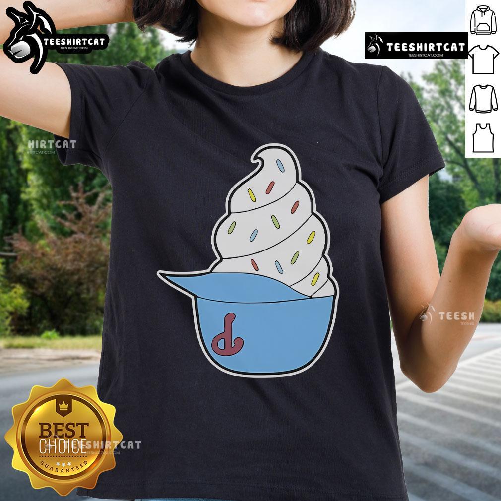 Official Philadelphia Phillies Ice Cream Helmet Ladies Tee showcasing team spirit and style for female fans.