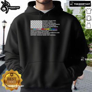 Official Protect Trans Kids Black Lives Matter hoodie featuring America flag and LGBTQ symbols, promoting support.