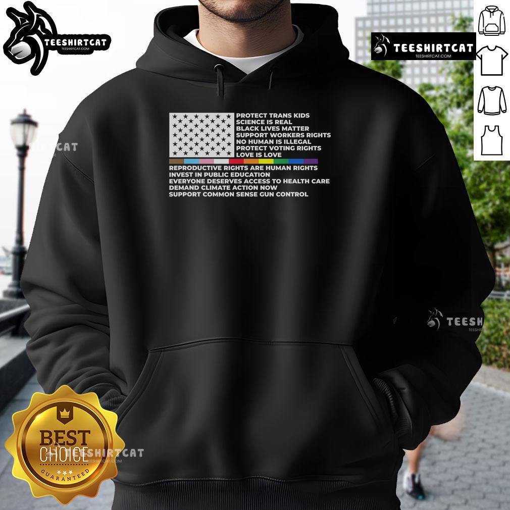 Official Protect Trans Kids Black Lives Matter hoodie featuring America flag and LGBTQ symbols, promoting support.