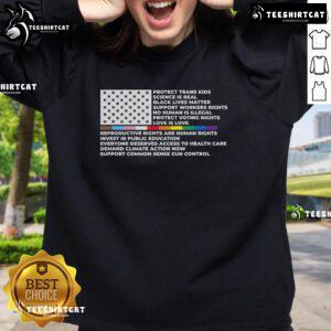 Official Protect Trans Kids Black Lives Matter sweatshirt featuring America flag design and LGBTQ support message.