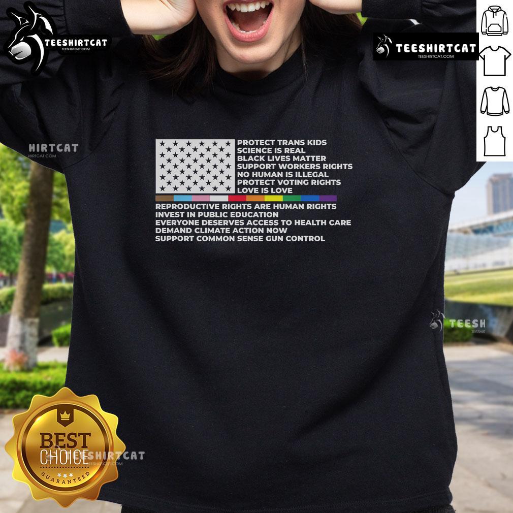 Official Protect Trans Kids Black Lives Matter sweatshirt featuring America flag design and LGBTQ support message.