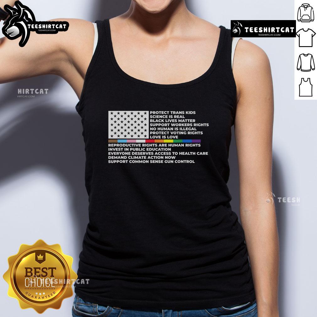 Tank top featuring 'Protect Trans Kids' and 'Black Lives Matter' slogans with an American flag design, supporting LGBTQ rights.