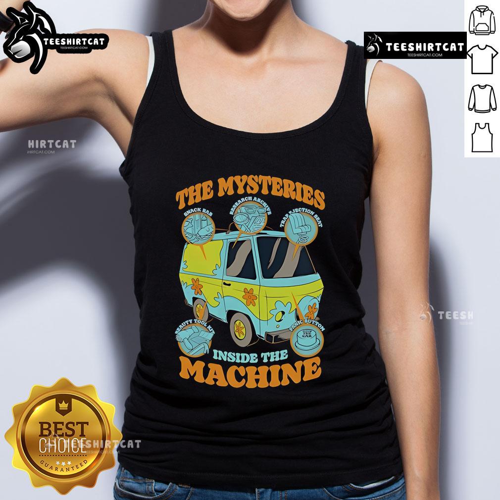 Alt Text: Official Scooby-Doo tank top featuring 'The Mysteries Inside The Machine' graphic design for fans.