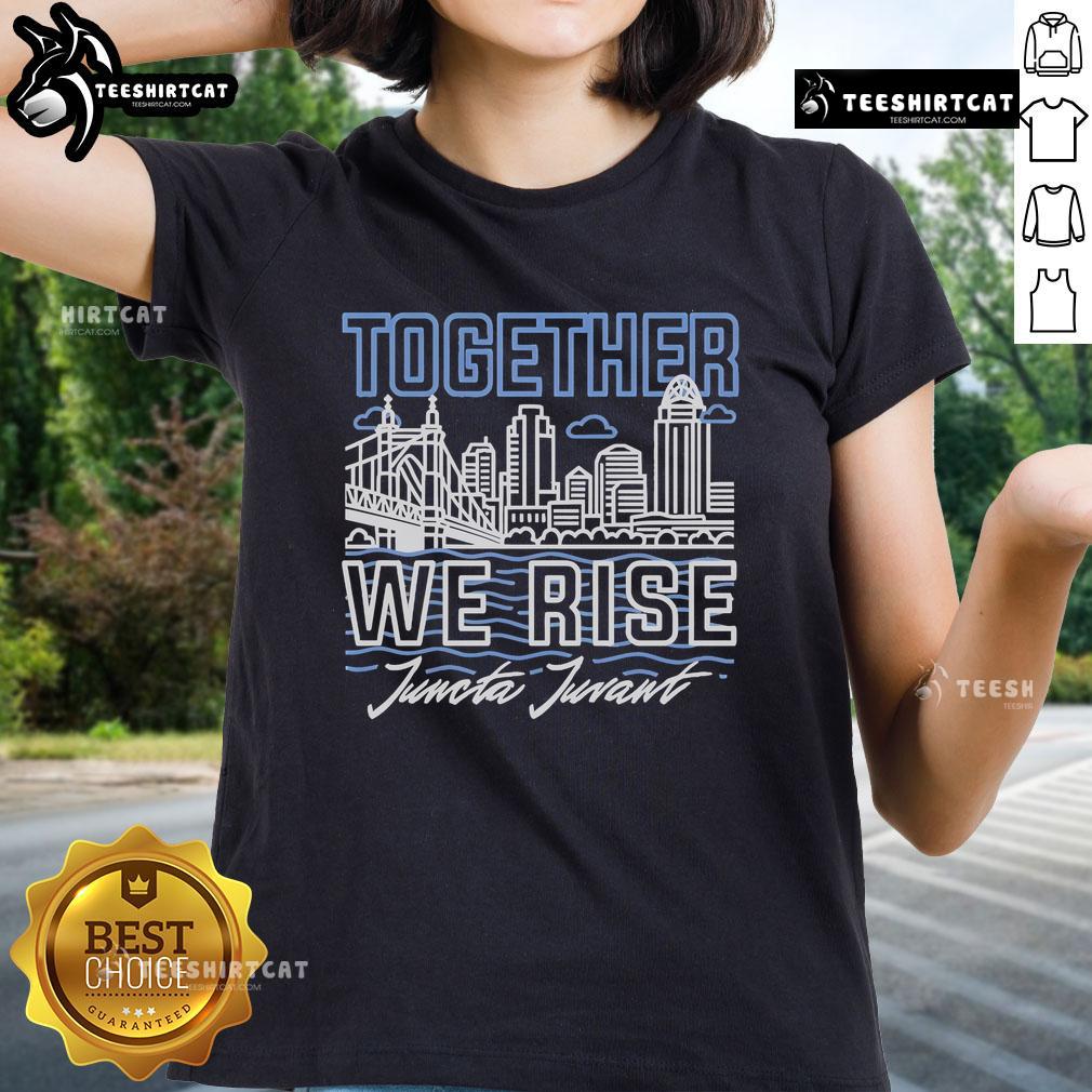 Alt Text: Official Together We Rise Juncta Juvant Ohio River Flood 2025 Disaster Relief Ladies Tee in vibrant colors.
