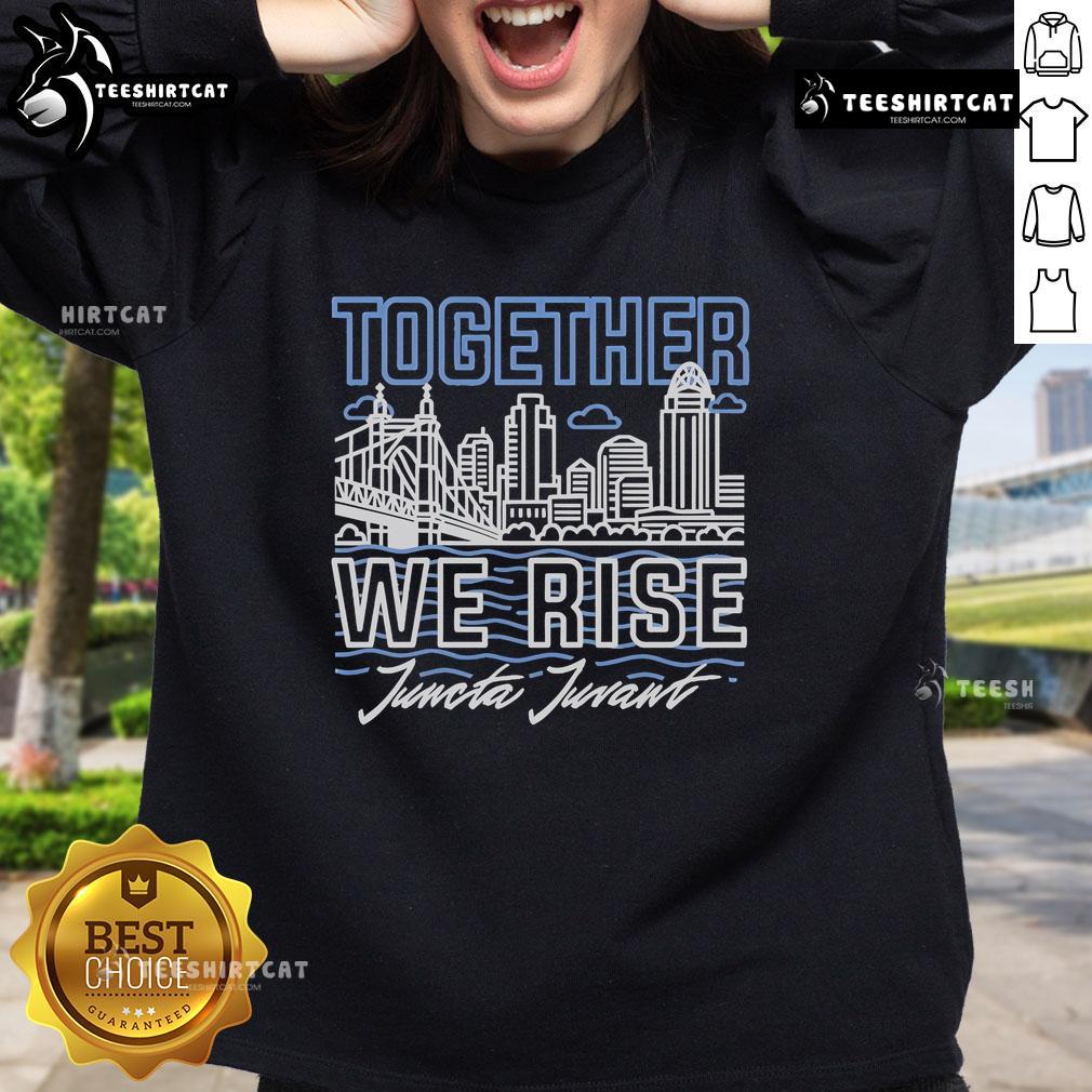 Alt Text: Official Together We Rise Juncta Juvant Ohio River Flood 2025 Disaster Relief Sweatshirt, supporting flood recovery efforts.