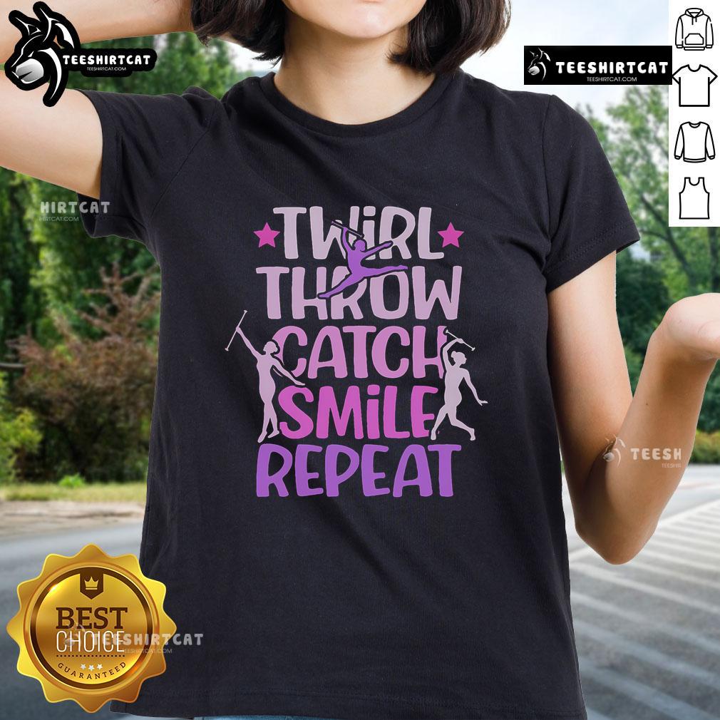 Smiling ladies in Official Twirler Majorettes Tee showcasing baton twirling skills with throws and catches.