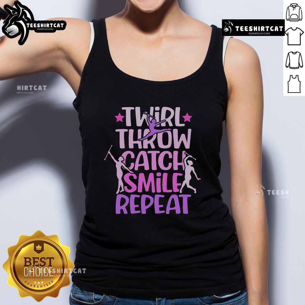 Smiling majorette in a tank top twirls a baton, showcasing official Twirler skills with a joyful throw and catch.