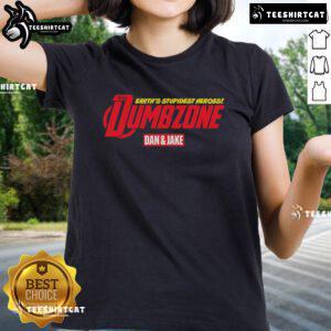 Alt Text: Original Earths Stupidest Heroes: Dumbzone Dan and Jake graphic on a ladies tee, perfect for comic fans.