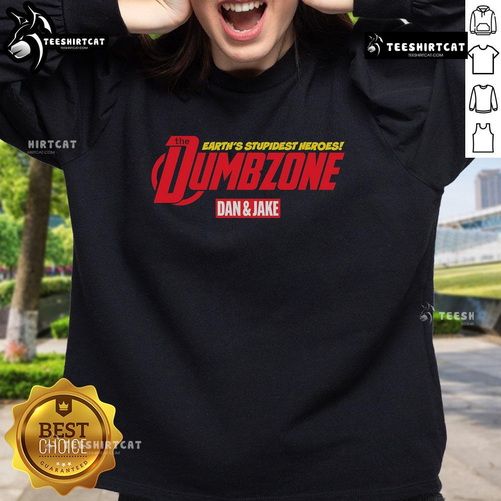 Original Earth's Stupidest Heroes Dumbzone Dan and Jake sweatshirt featuring vibrant graphics and playful design.