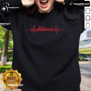 Original Phlebotomist Heartbeat design on a cozy sweatshirt featuring a syringe and blood, perfect for nurses.