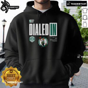 Premium Boston Celtics Dialed In 2025 NBA Atlantic Division Champions Hoodie in green with logo, perfect for fans.