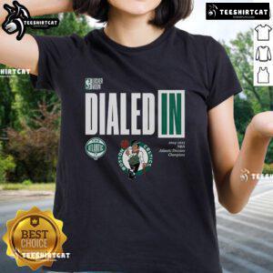 Premium Boston Celtics Dialed In 2025 NBA Atlantic Division Champions Ladies Tee in vibrant green, perfect for fans.