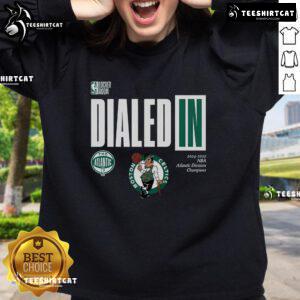 Alt Text: Premium Boston Celtics Dialed In 2025 NBA Atlantic Division Champions Sweatshirt showcasing team logo and vibrant design.