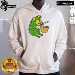 Funny Jazz Frog Doot Hoodie featuring a cartoon frog playing jazz music, perfect for music lovers and hoodie enthusiasts.