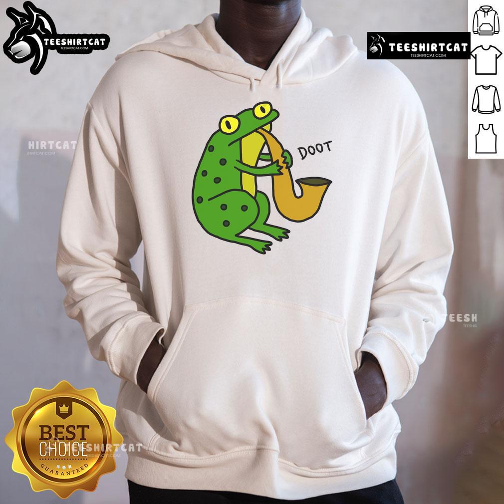 Funny Jazz Frog Doot Hoodie featuring a cartoon frog playing jazz music, perfect for music lovers and hoodie enthusiasts.