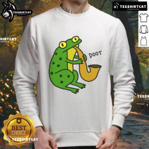 Funny Jazz Frog Doot sweatshirt featuring a cartoon frog playing jazz music, perfect for music lovers and frog enthusiasts.