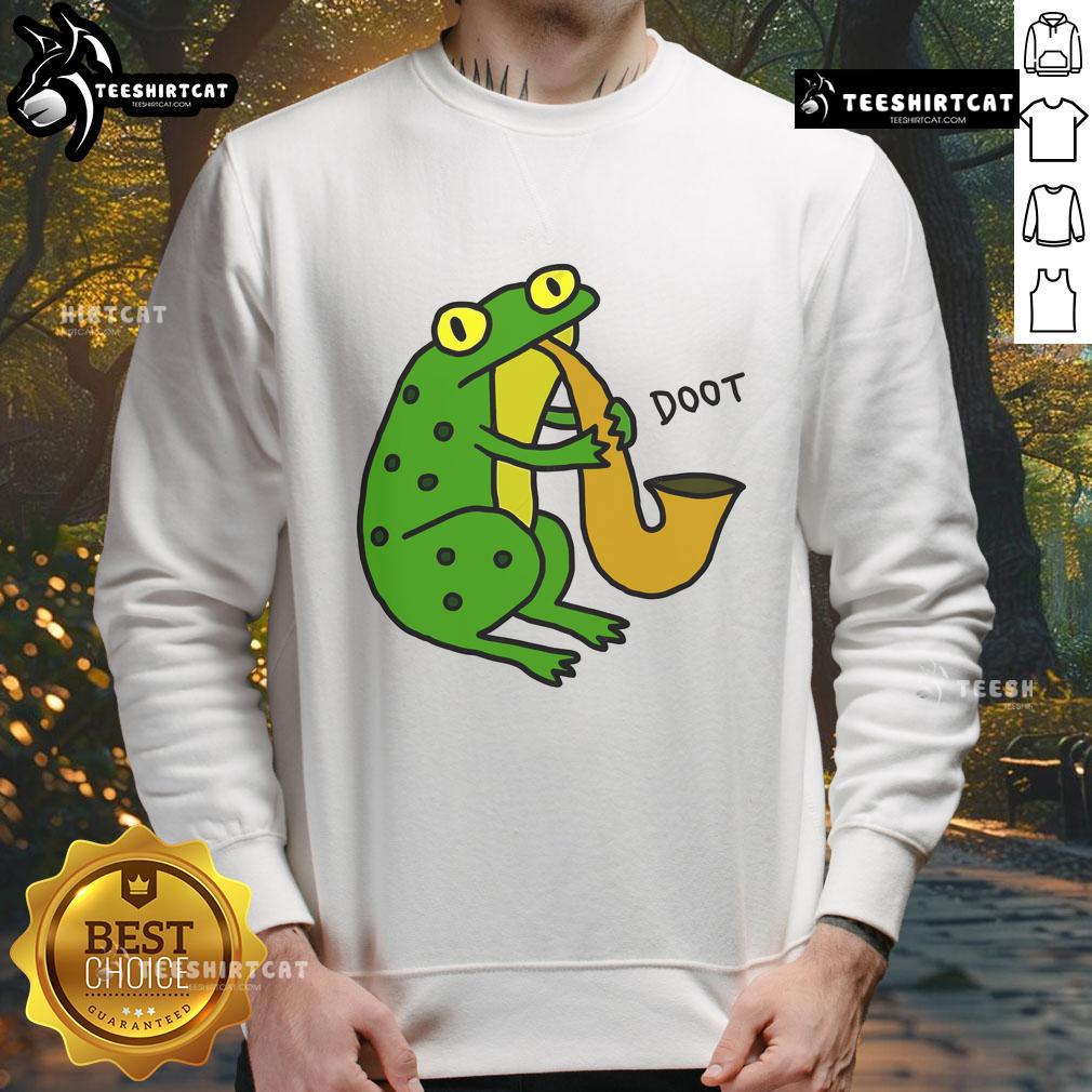 Funny Jazz Frog Doot sweatshirt featuring a cartoon frog playing jazz music, perfect for music lovers and frog enthusiasts.