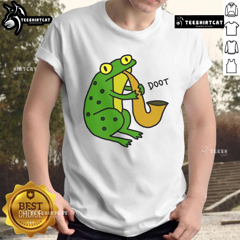 Funny Jazz Frog Doot T-Shirt featuring a whimsical frog playing a trumpet in a vibrant, colorful design.