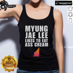 Alt Text: Good Myung Jae Lee enjoying ice cream while wearing a stylish cream tank top, showcasing a fun summer vibe.