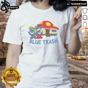 Alt Text: Good The Smurfs Blue Trash Ladies Tee featuring vibrant Smurfs graphic on a stylish blue shirt for fans.