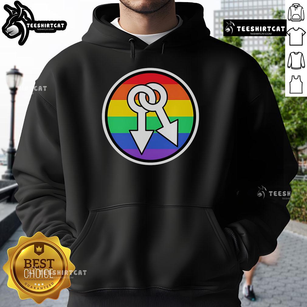 Colorful rainbow hoodie featuring hot male symbols, perfect for showcasing pride and individuality in style.