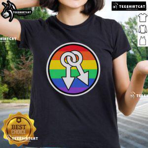 Colorful rainbow hot male symbols on a trendy ladies tee, perfect for LGBTQ+ pride and fashion enthusiasts.
