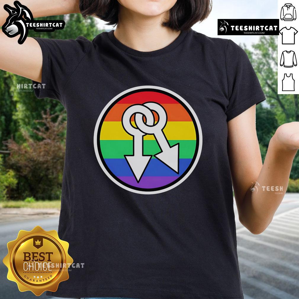 Colorful rainbow hot male symbols on a trendy ladies tee, perfect for LGBTQ+ pride and fashion enthusiasts.