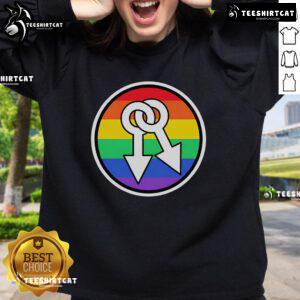 Colorful rainbow sweatshirt featuring hot male symbols, perfect for pride events and showcasing LGBTQ+ fashion.
