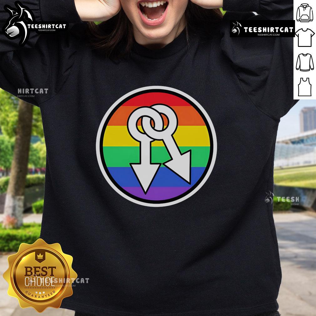 Colorful rainbow sweatshirt featuring hot male symbols, perfect for pride events and showcasing LGBTQ+ fashion.