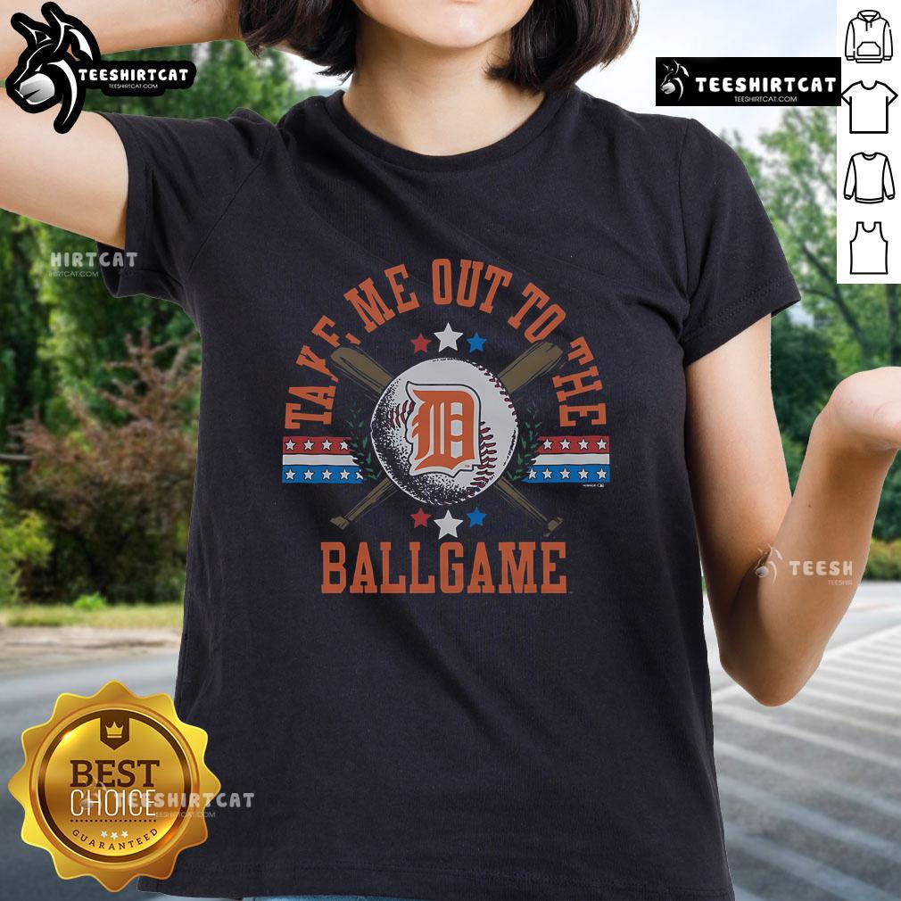Nice Detroit Tigers Take Me Out To The Ballgame ladies tee featuring vibrant graphics for baseball fans.
