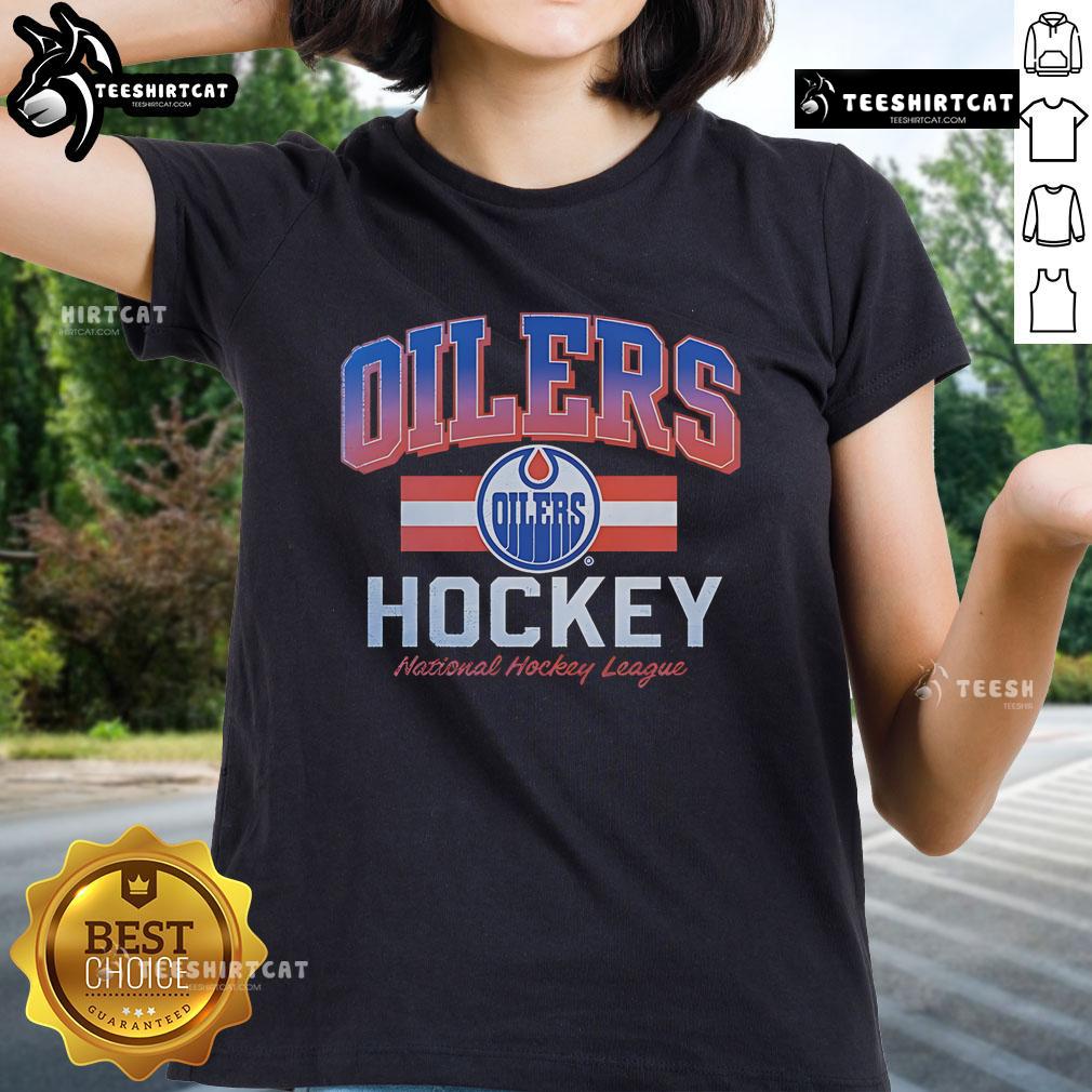 Nice Edmonton Oilers NHL logo on a ladies tee, perfect for fans of the Edmonton Oilers hockey team.