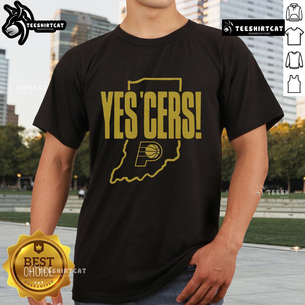 Alt Text: Nice Indiana Pacers Yes 'Cers T-Shirt featuring vibrant team colors and logo for fans of the NBA basketball team.