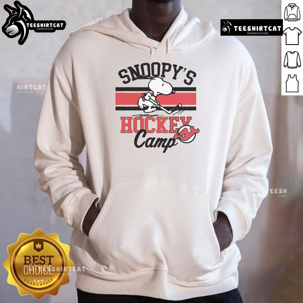 Alt Text: Snoopy wearing a New Jersey Devils hoodie from Snoopy's Hockey Camp, perfect for NHL fans and collectors.